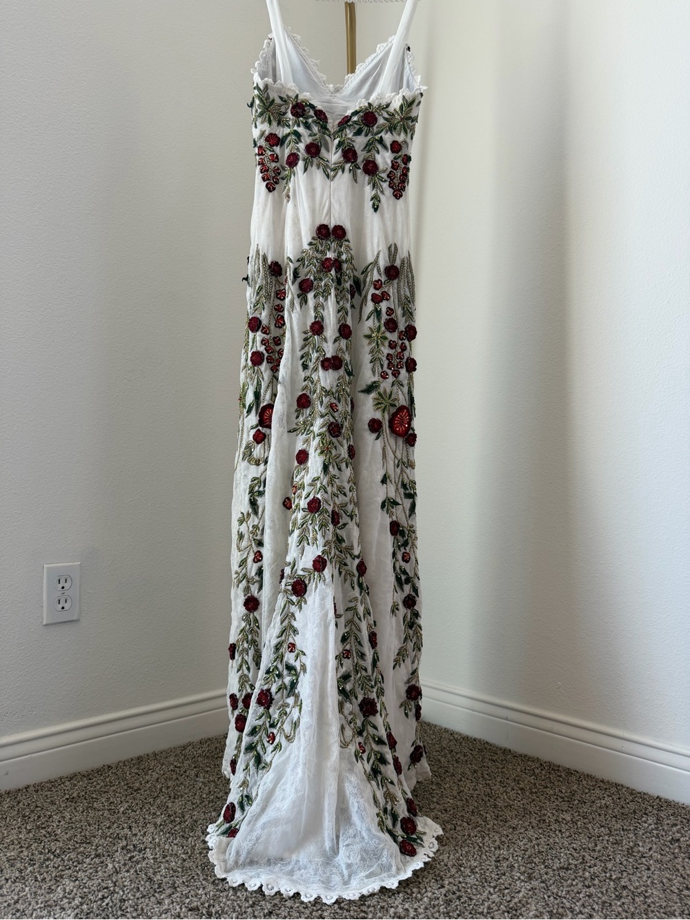 Embroidered White Maxi Dress with Red Floral Detail - Picture 3 of 5